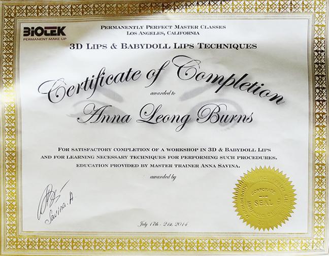 BioTouch 3D Lips and Babydoll Lips Techniques Certificate of Completion for Anna Leong Burns