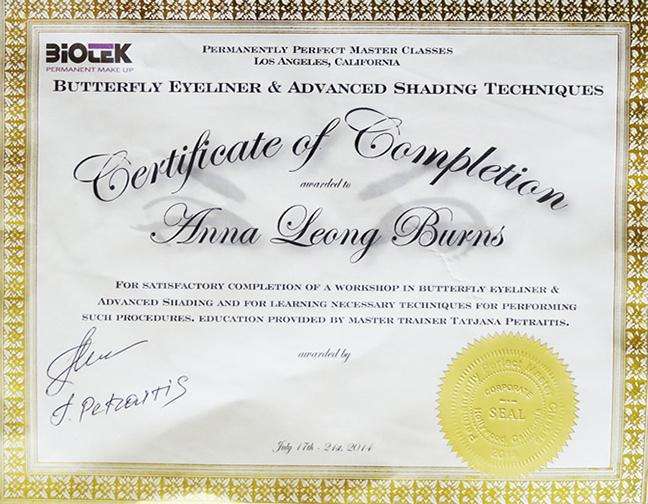 BioTouch Butterfly Eyeliner and Advanced Shading Techniques Certificate of Completion for Anna Leong Burns