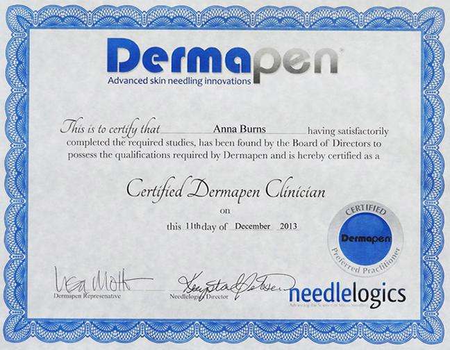 Certified Dermapen Clinician certificate awarded to Anna Burns
