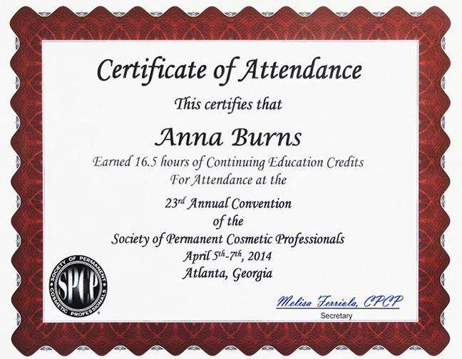 Certificate of Attendance from the SPCP 23rd Annual Convention awarded to Anna Burns, Atlanta, Georgia