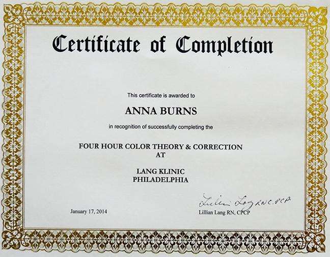Certificate of Completion for Four Hour Color Theory and Correction awarded to Anna Burns, Lang Klinic Philadelphia