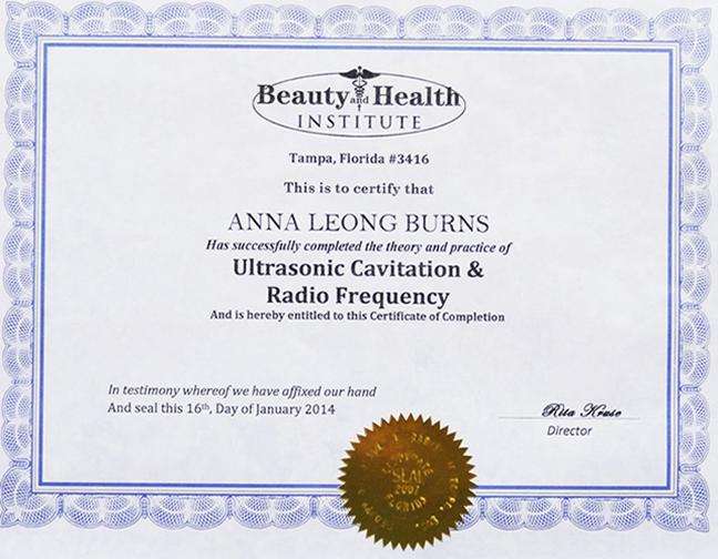 Beauty and Health Institute Ultrasonic Cavitation and Radio Frequency Certificate of Completion for Anna Leong Burns