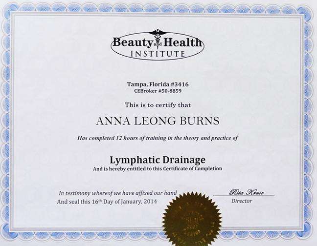 Beauty and Health Institute Lymphatic Drainage training Certificate of Completion for Anna Leong Burns