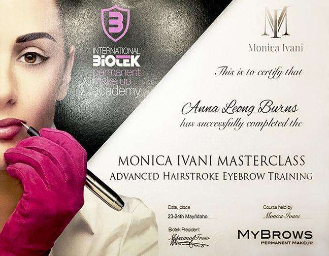 International BioTouch Monica Ivani Masterclass Advanced Hairstroke Eyebrow Training certificate for Anna Leong Burns