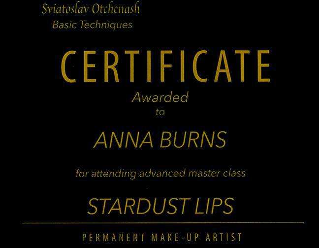 Stardust Lips advanced master class certificate awarded to Anna Burns by Sviatoslav Otchenash