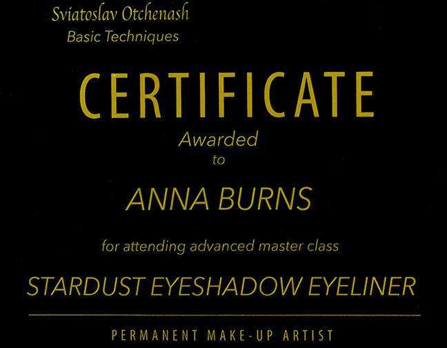 Stardust Eyeshadow Eyeliner advanced master class certificate awarded to Anna Burns by Sviatoslav Otchenash