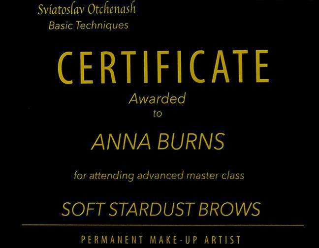 Soft Stardust Brows advanced master class certificate awarded to Anna Burns by Sviatoslav Otchenash