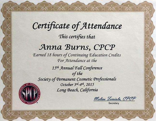 Certificate of Attendance from the SPCP 15th Annual Fall Conference awarded to Anna Burns, CPCP