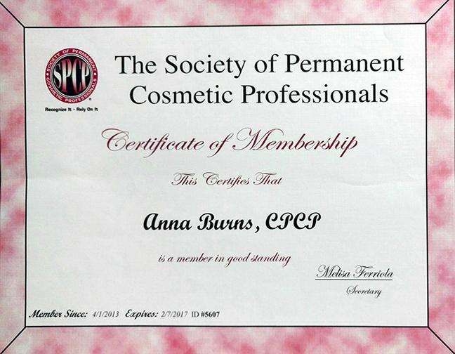 Society of Permanent Cosmetic Professionals Certificate of Membership for Anna Burns, CPCP