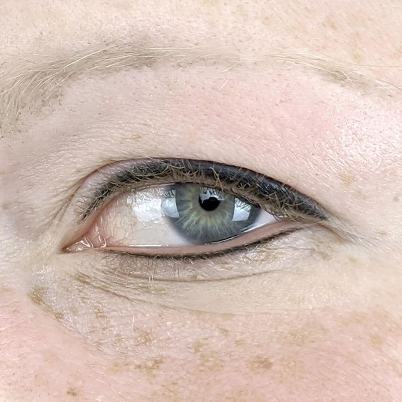 Close-up of a classic permanent eyeliner result on a client's eye