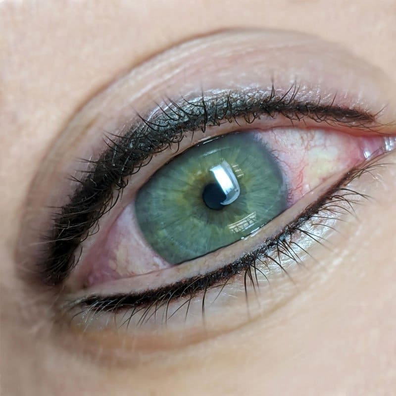 Close-up of a smokey permanent eyeliner result on a client's eye