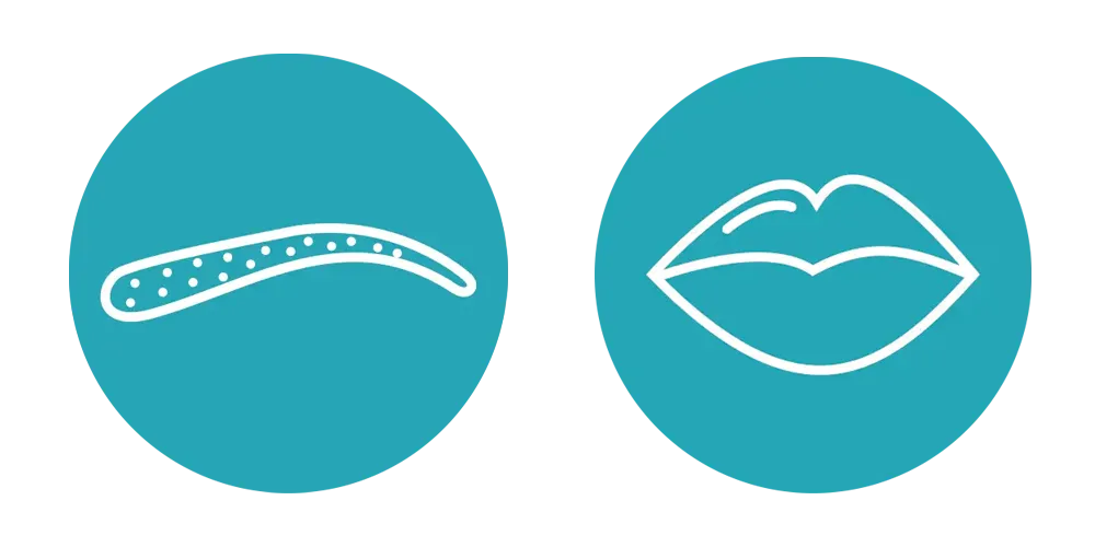 Ombre powder brows and lip blush service icons in teal line illustration