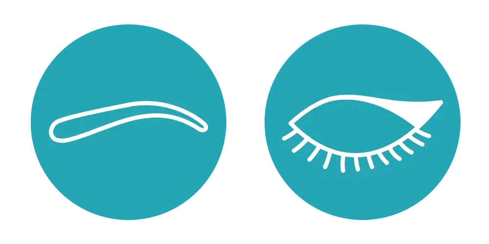 Eyebrow shaping and permanent eyeliner service icons in teal line illustration